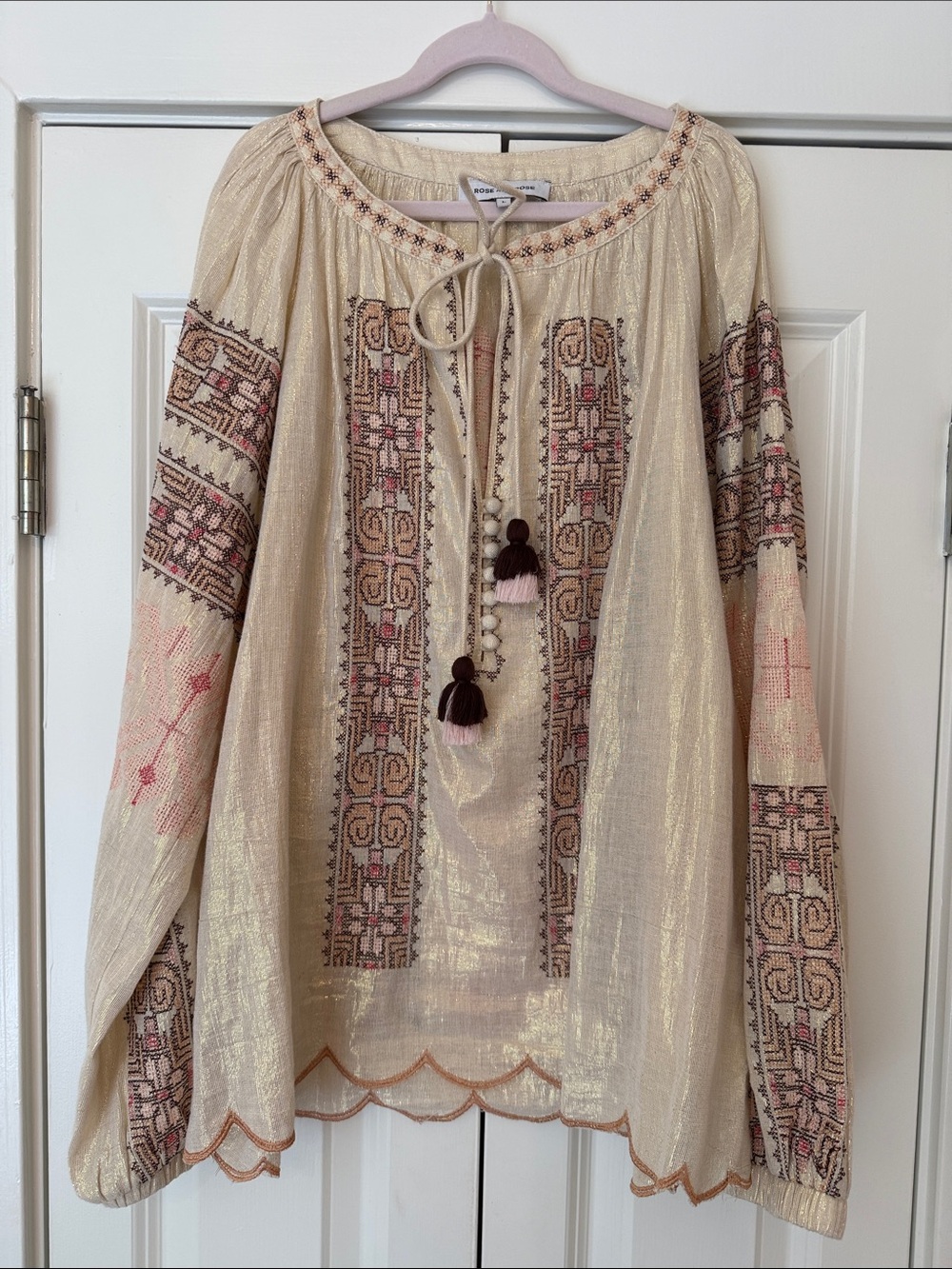 Rose and Rose Embroidered Gold Peasant Blouse with Tassel Tie Large